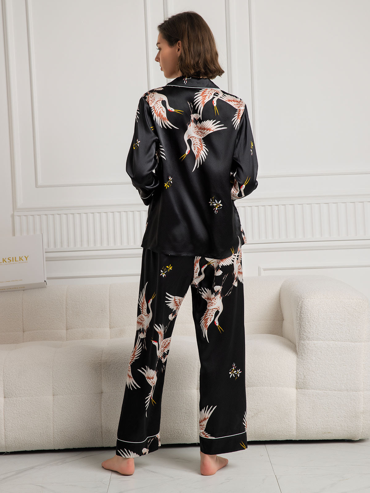 [Black] SilkSilky-AU 19Momme Pure Silk Long Sleeve Lapel Women's Pyjamas 002