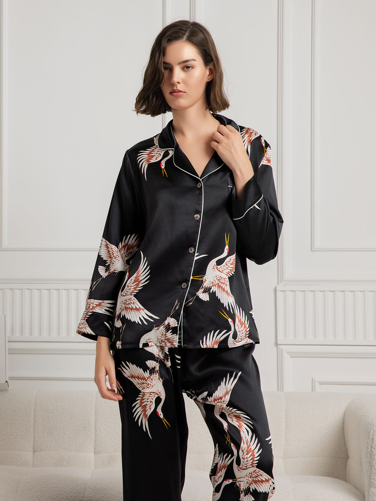[Black] SilkSilky-AU 19Momme Pure Silk Long Sleeve Lapel Women's Pyjamas 003
