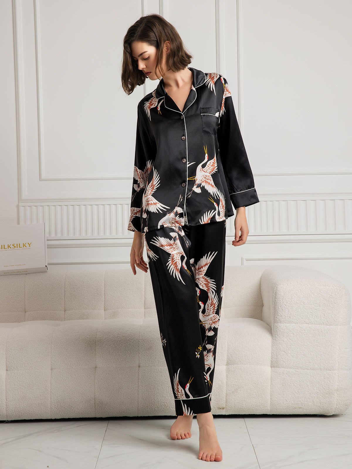 [Black] SilkSilky-AU 19Momme Pure Silk Long Sleeve Lapel Women's Pyjamas 004