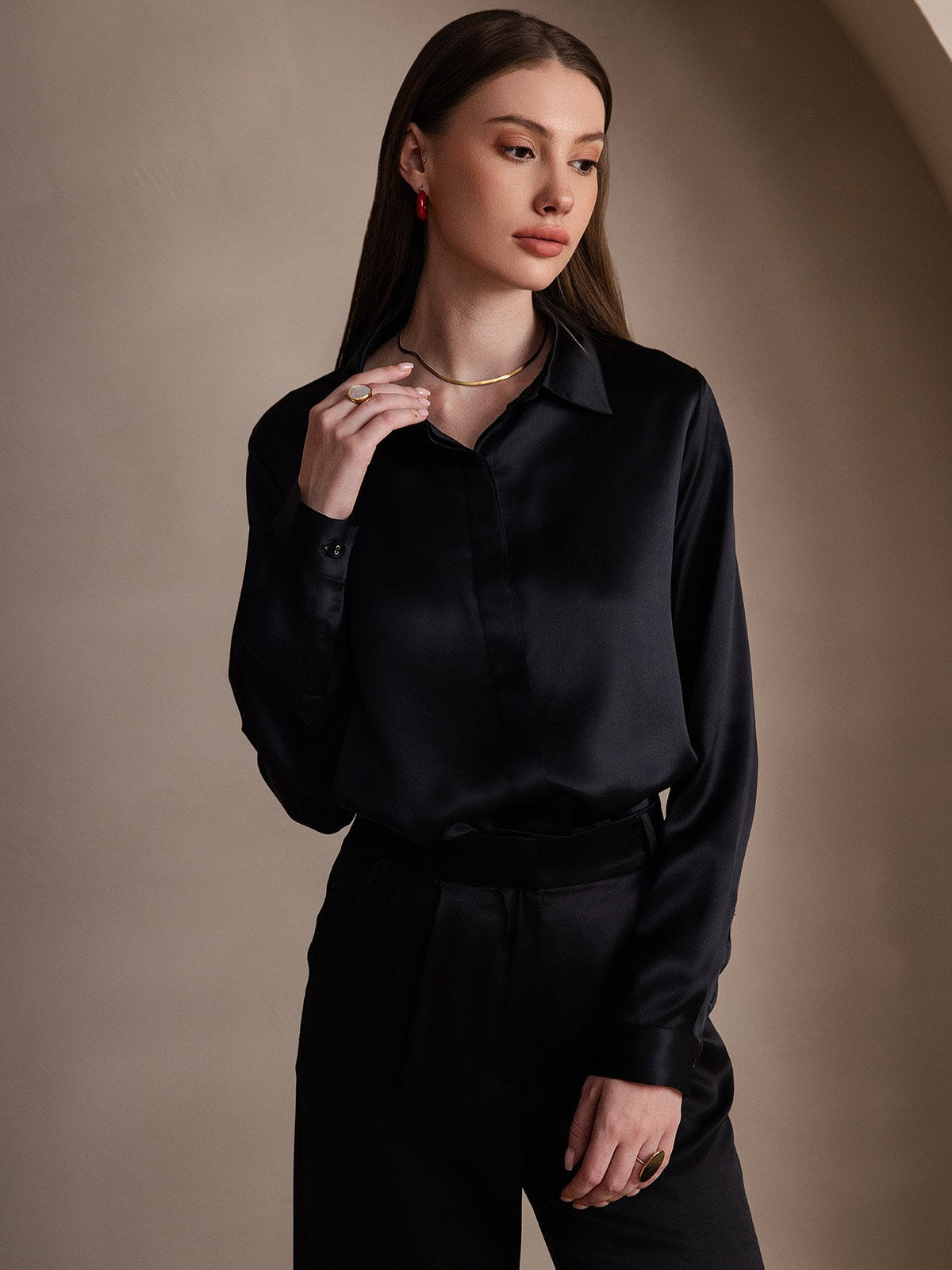 [Black] SilkSilky-AU 19Momme Silk Lapel Collar Women's Shirt 001