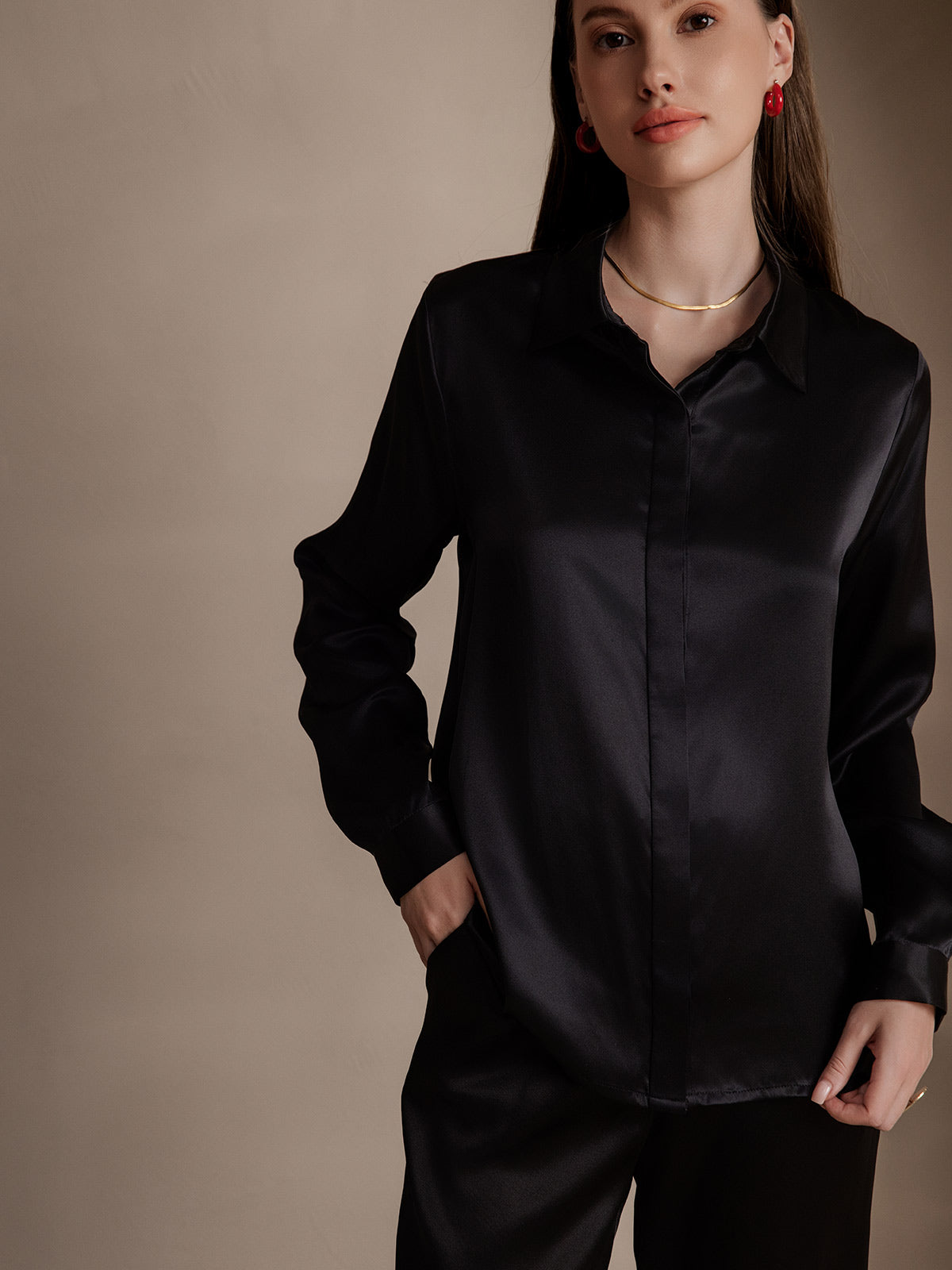 [Black] SilkSilky-AU 19Momme Silk Lapel Collar Women's Shirt 001