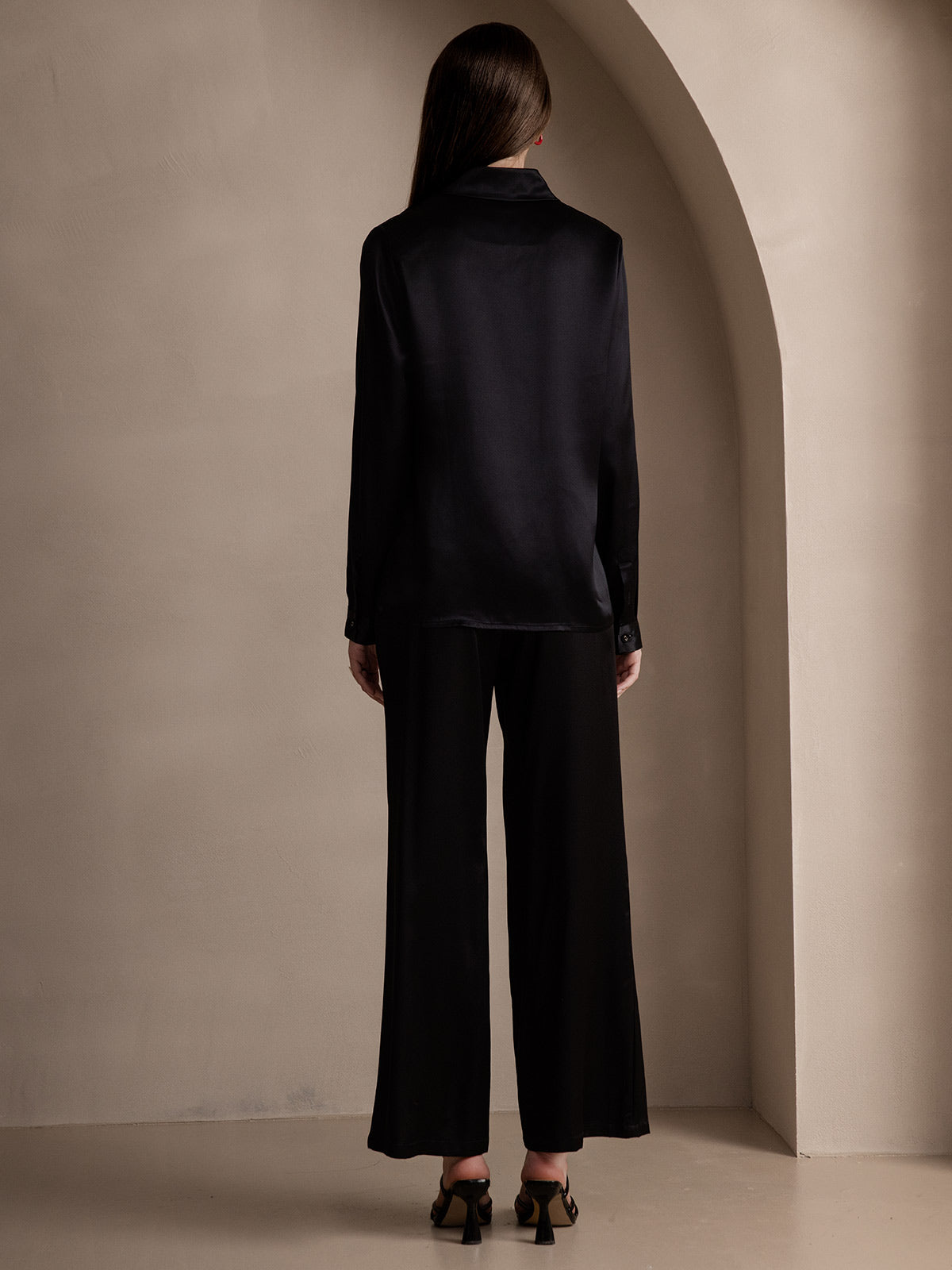 [Black] SilkSilky-AU 19Momme Silk Lapel Collar Women's Shirt 002
