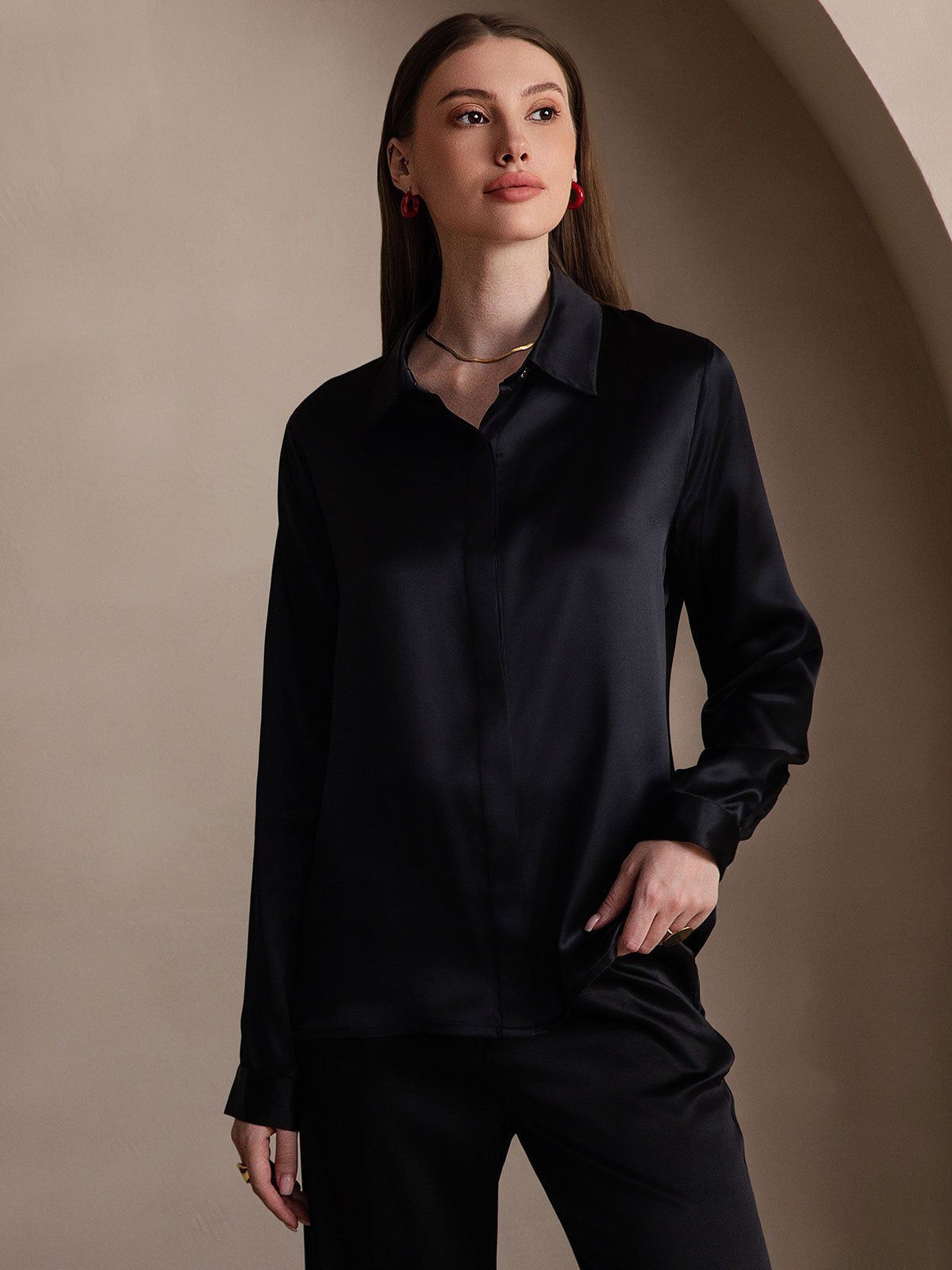[Black] SilkSilky-AU 19Momme Silk Lapel Collar Women's Shirt 003