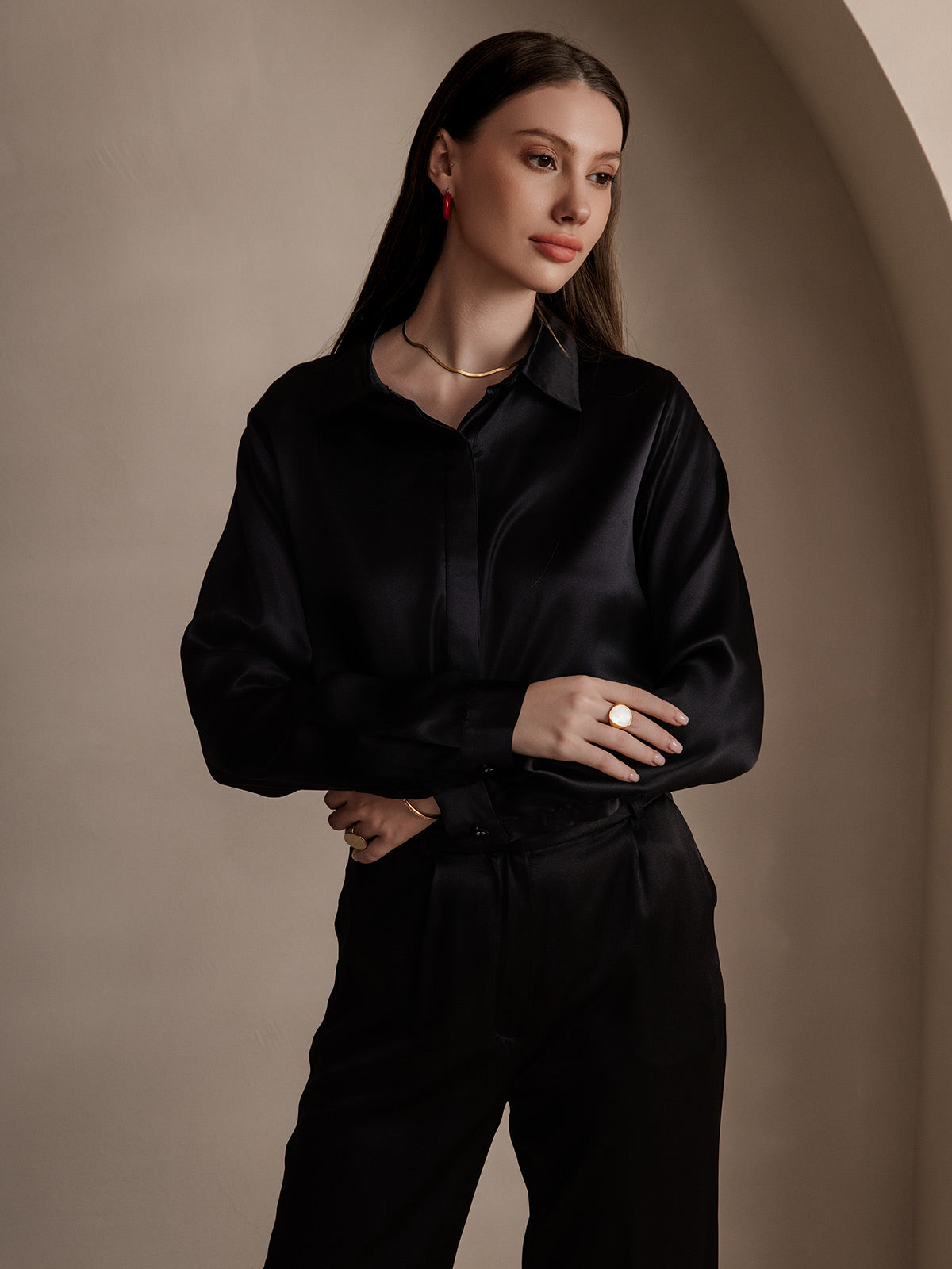 [Black] SilkSilky-AU 19Momme Silk Lapel Collar Women's Shirt 003