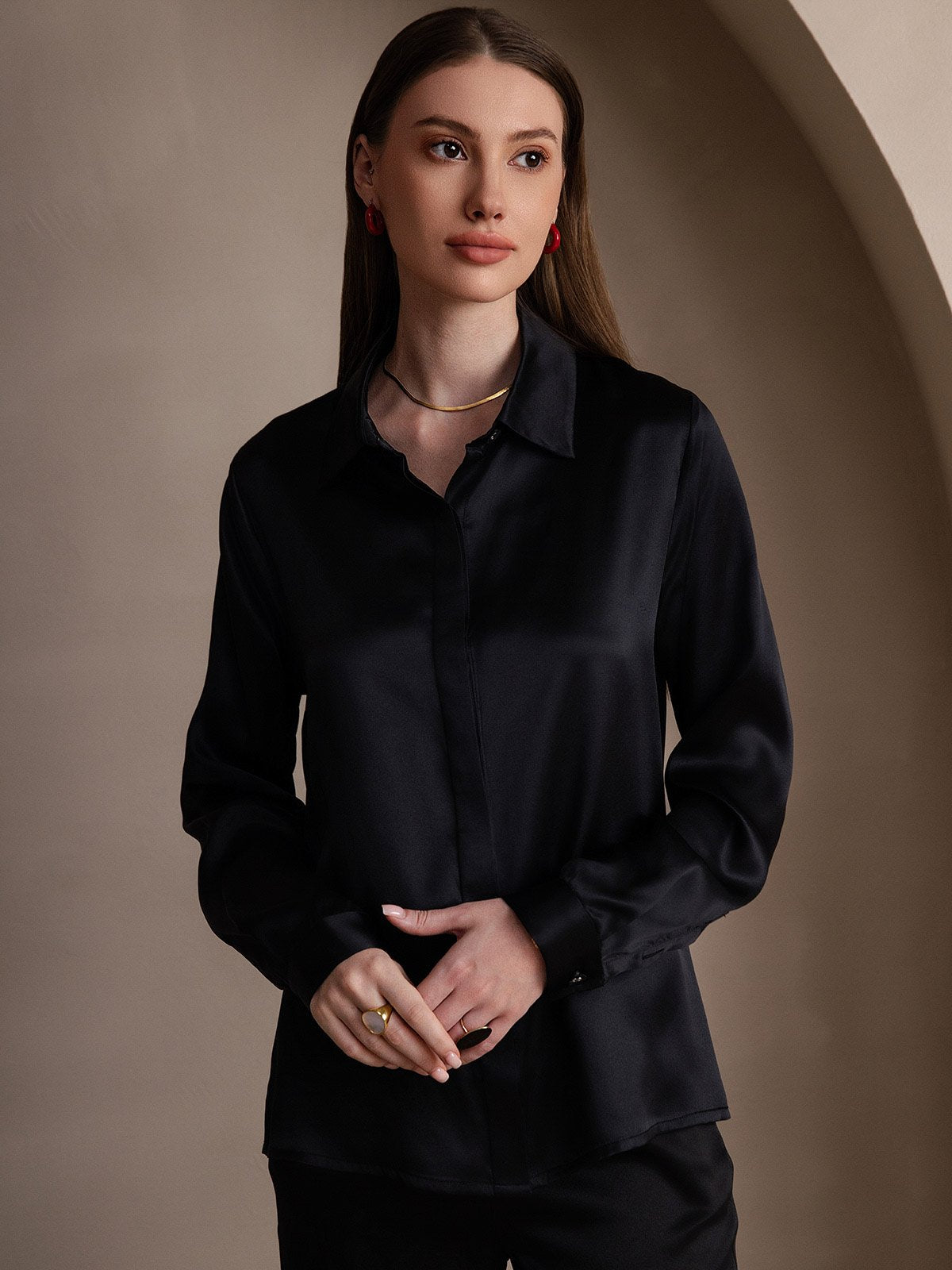 [Black] SilkSilky-AU 19Momme Silk Lapel Collar Women's Shirt 004