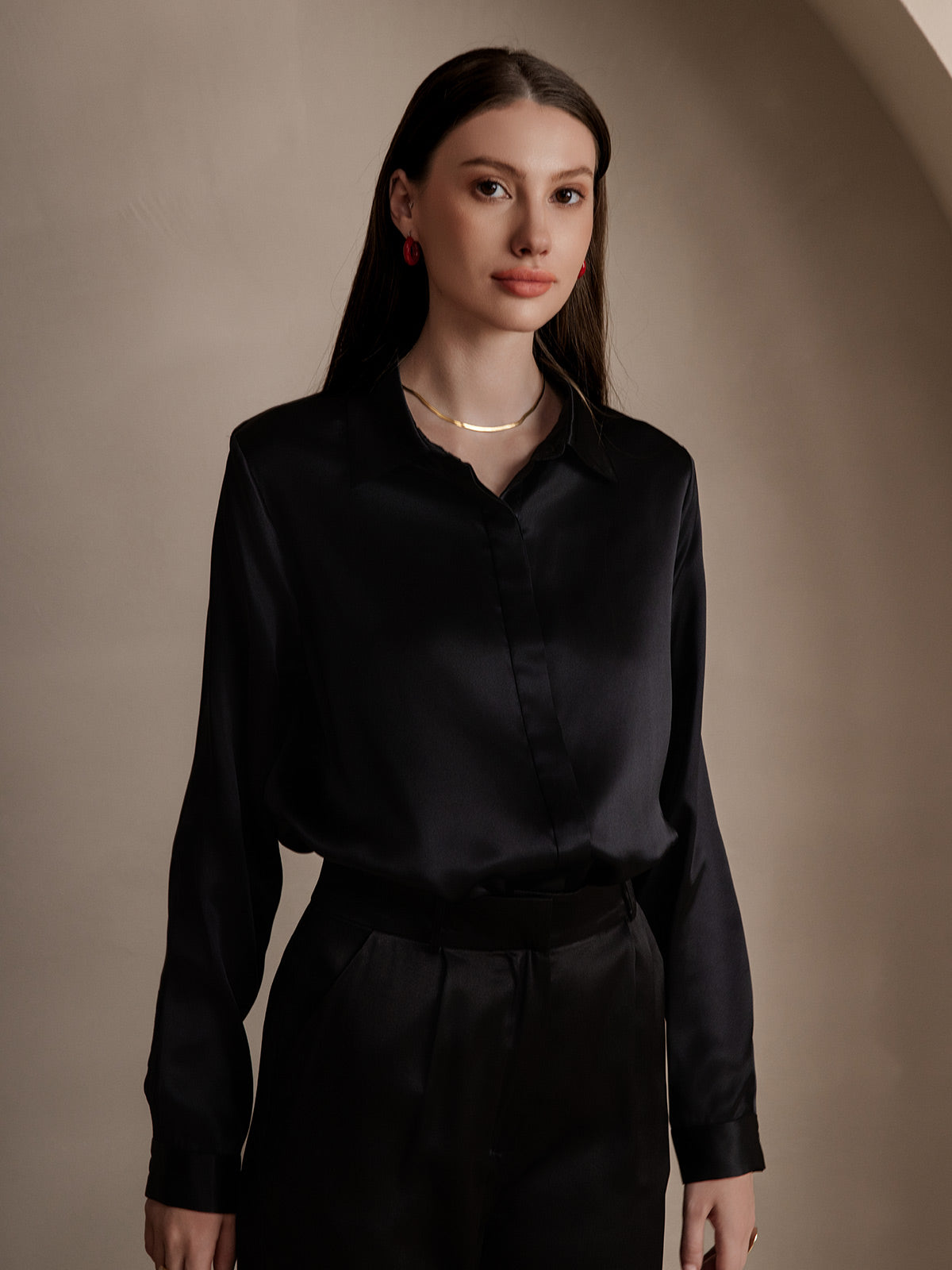 [Black] SilkSilky-AU 19Momme Silk Lapel Collar Women's Shirt 004