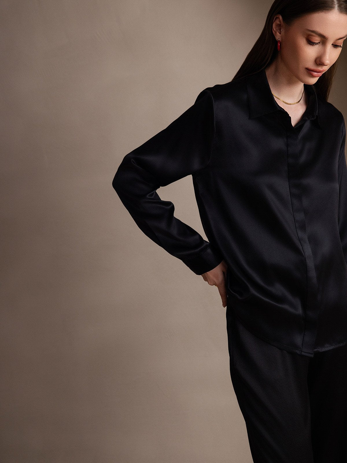[Black] SilkSilky-AU 19Momme Silk Lapel Collar Women's Shirt 005