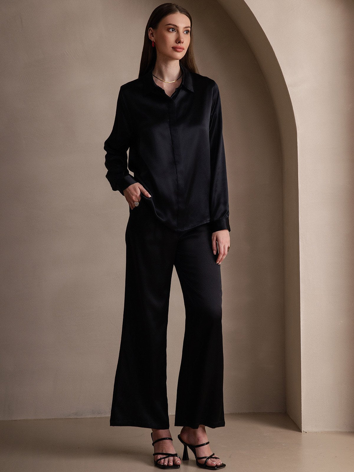 [Black] SilkSilky-AU 19Momme Silk Lapel Collar Women's Shirt 006