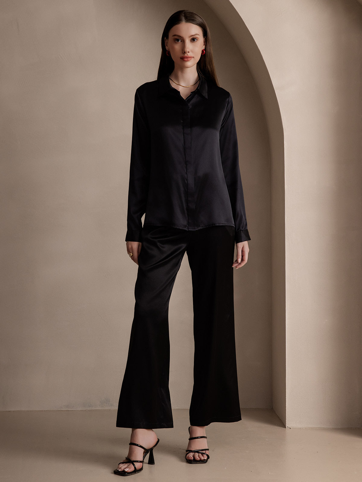 [Black] SilkSilky-AU 19Momme Silk Lapel Collar Women's Shirt 006
