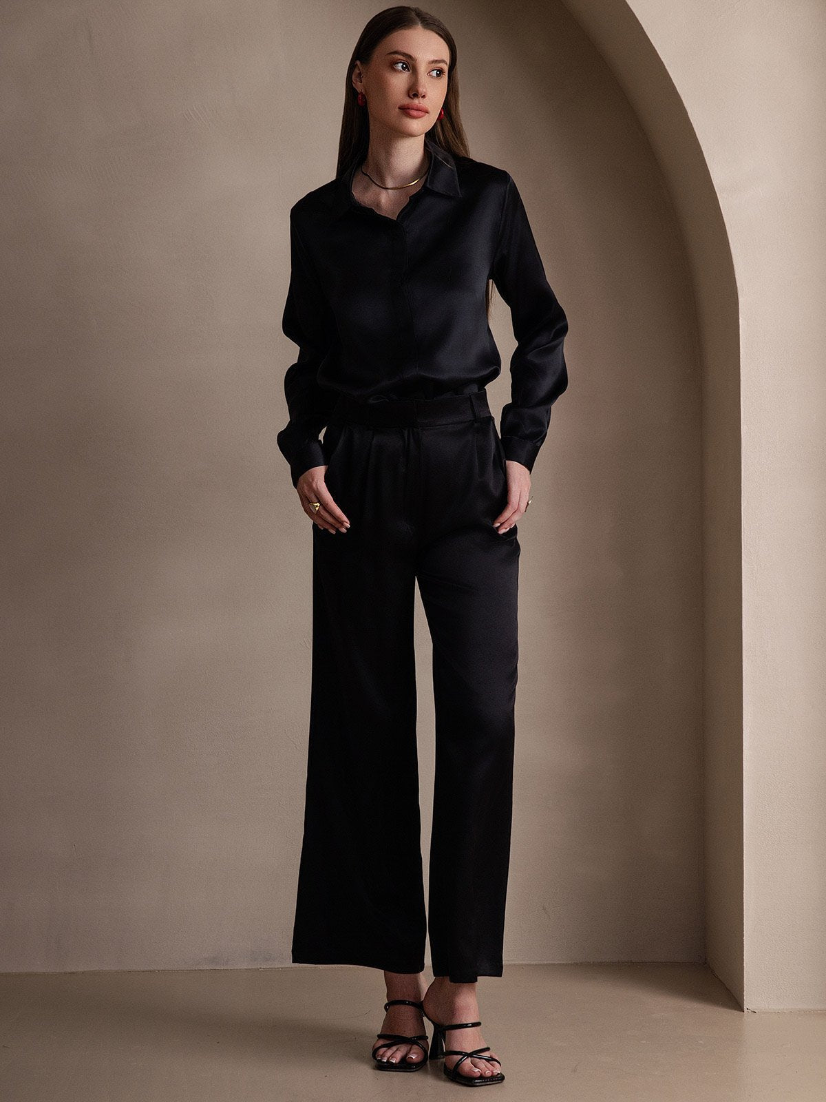 [Black] SilkSilky-AU 19Momme Silk Lapel Collar Women's Shirt 007