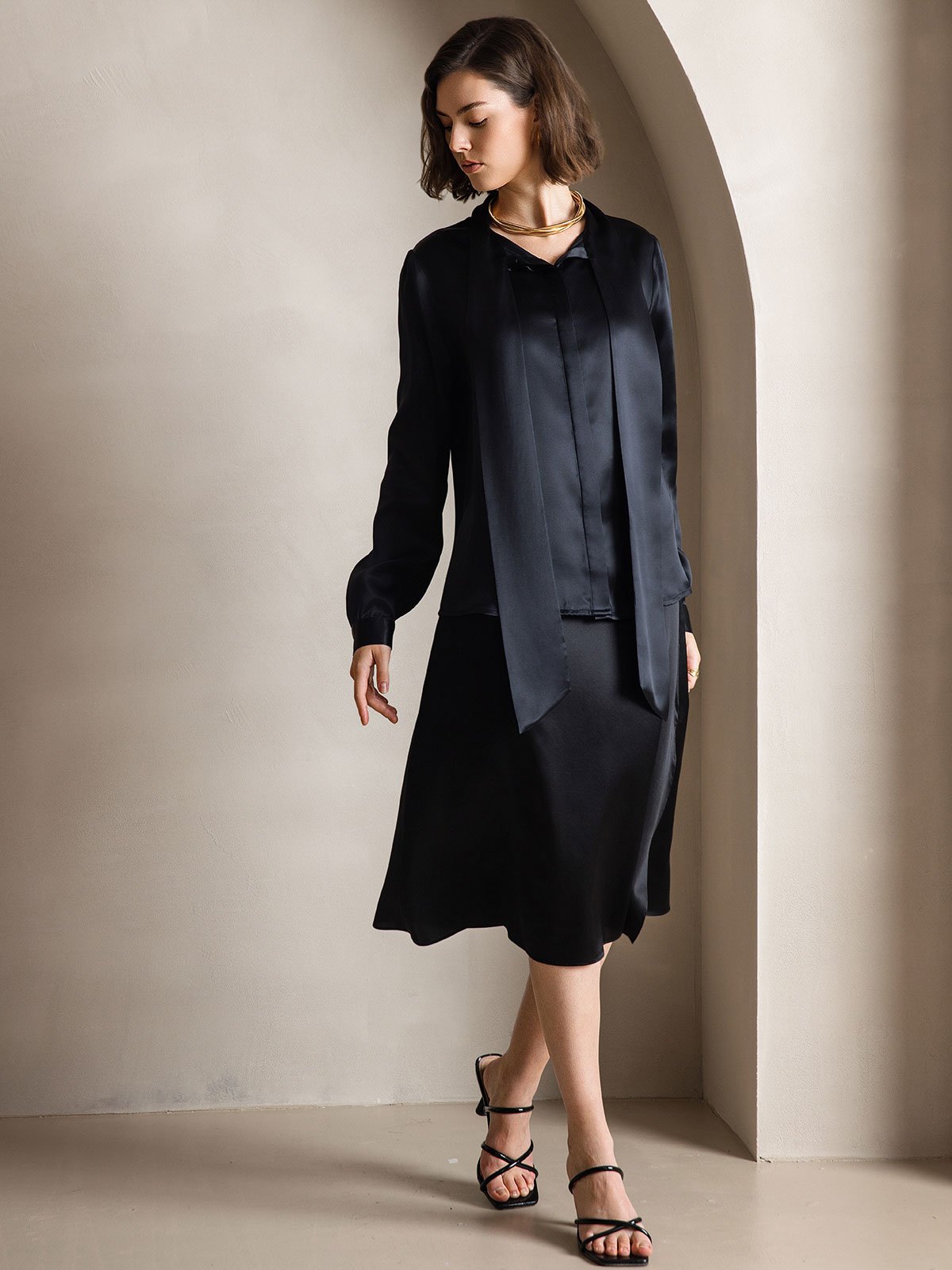 [Black] SilkSilky-AU 19Momme Silk Long Sleeve Tie Neck Women's Shirt 001