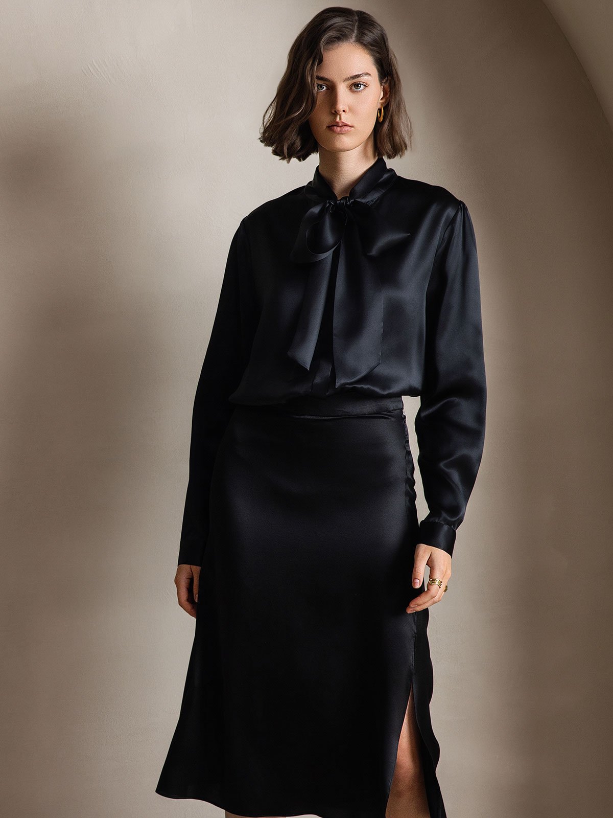 [Black] SilkSilky-AU 19Momme Silk Long Sleeve Tie Neck Women's Shirt 003