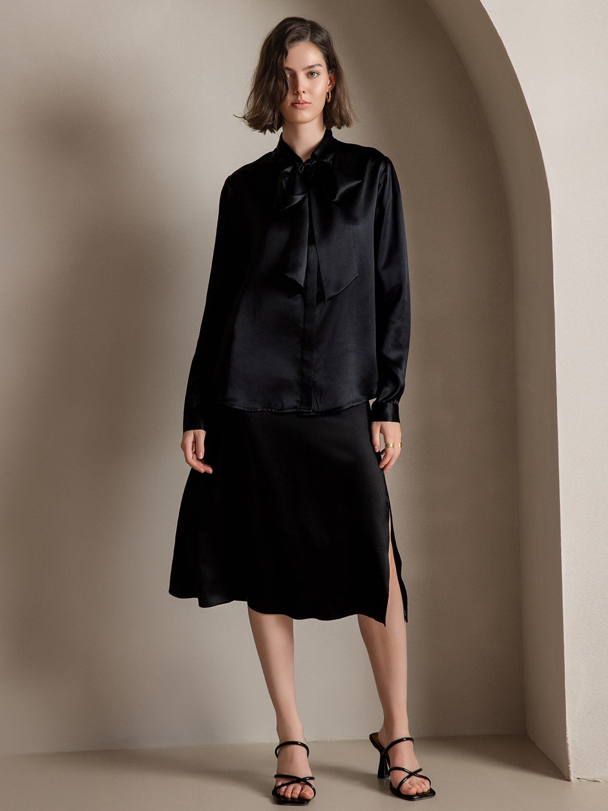 [Black] SilkSilky-AU 19Momme Silk Long Sleeve Tie Neck Women's Shirt 004