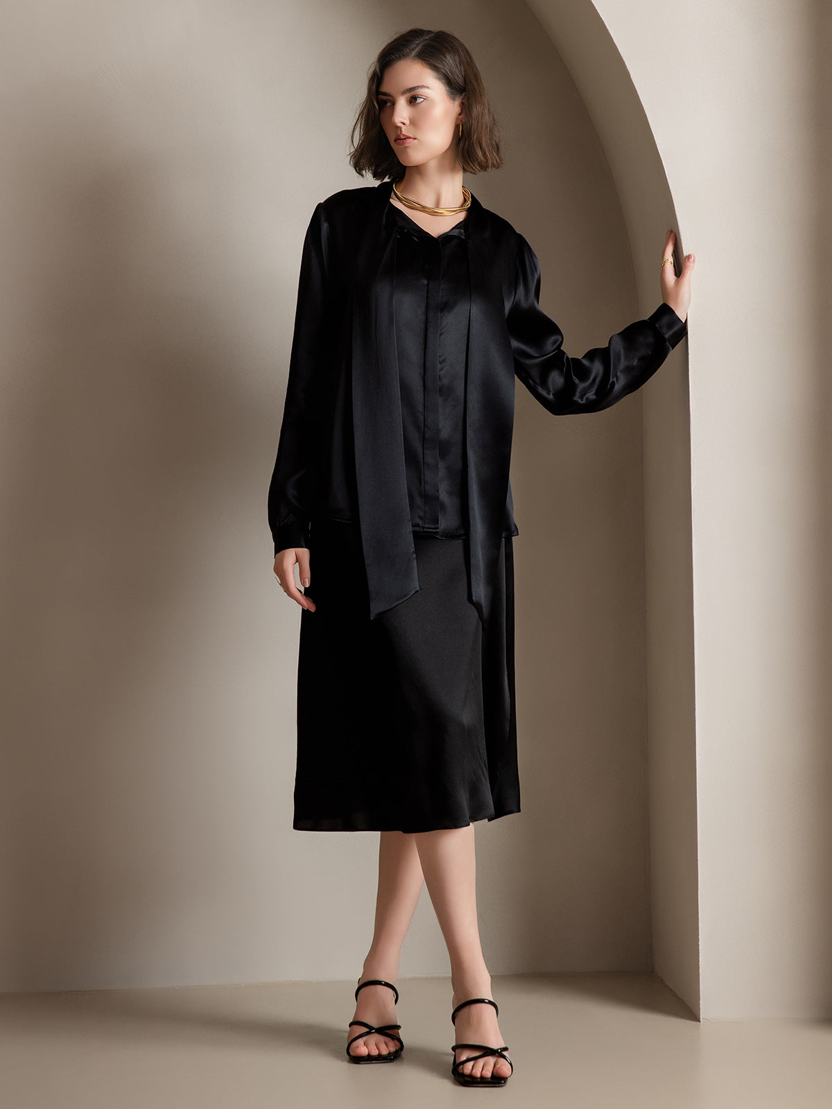 [Black] SilkSilky-AU 19Momme Silk Long Sleeve Tie Neck Women's Shirt 007