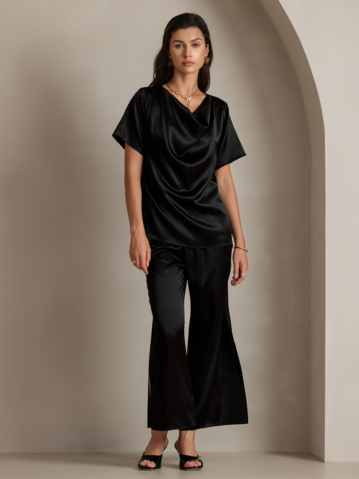 [Black] SilkSilky-AU 19Momme Silk Short Sleeve Cowl Neck Women's T-Shirt 003
