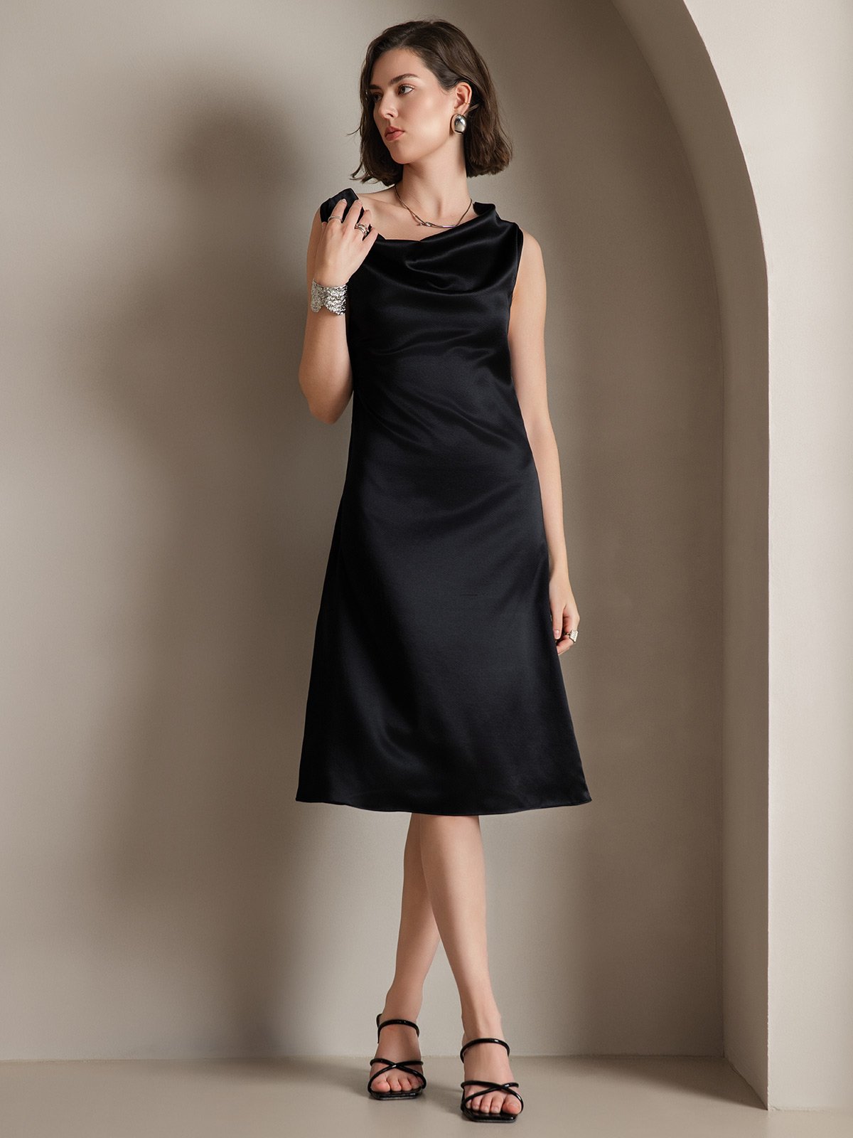 [Black] SilkSilky-AU 19Momme Silk Sleeveless Cowl Neck Dress 001