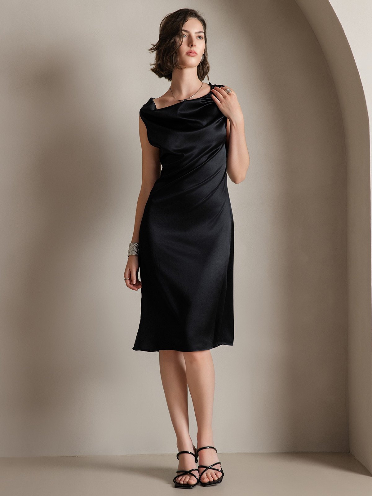[Black] SilkSilky-AU 19Momme Silk Sleeveless Cowl Neck Dress 005
