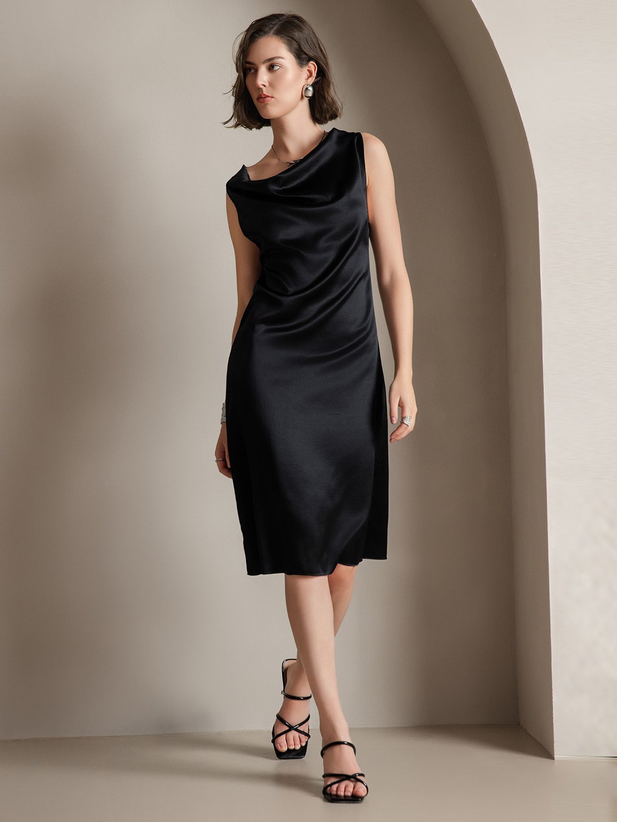 [Black] SilkSilky-AU 19Momme Silk Sleeveless Cowl Neck Dress 007