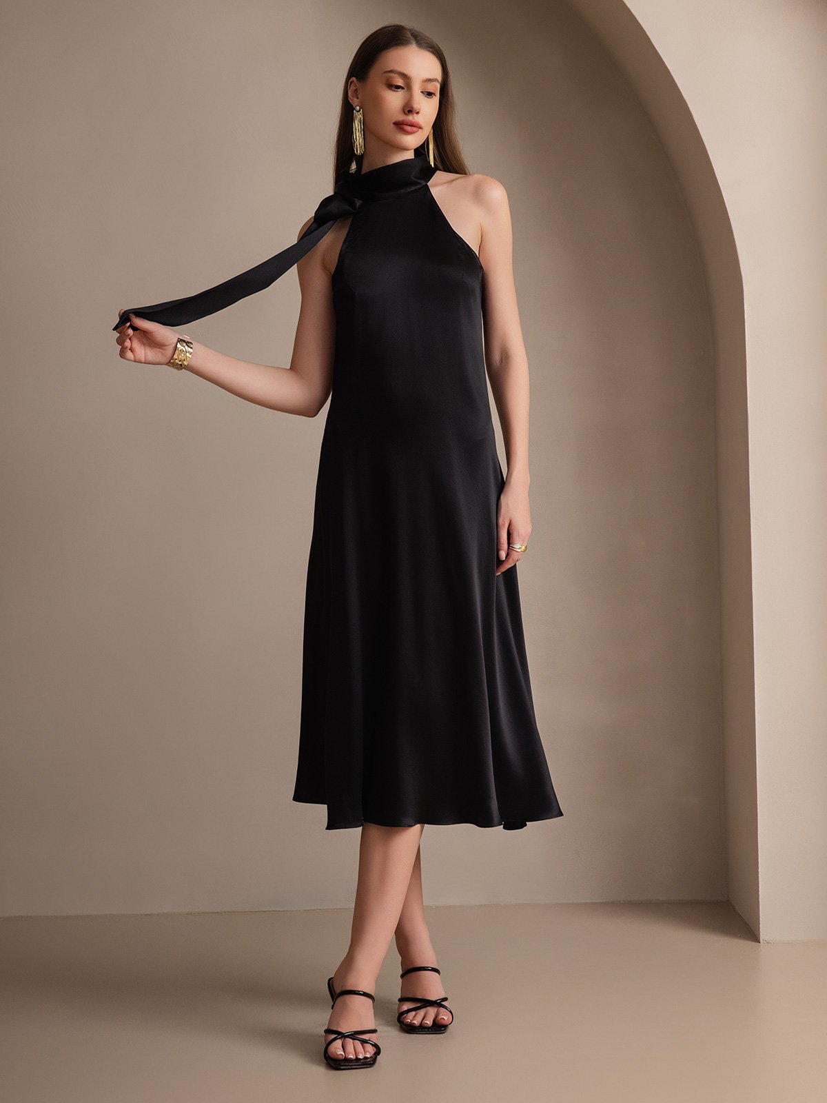 [Black] SilkSilky-AU 19Momme Silk Sleeveless Tie Neck Dress 001