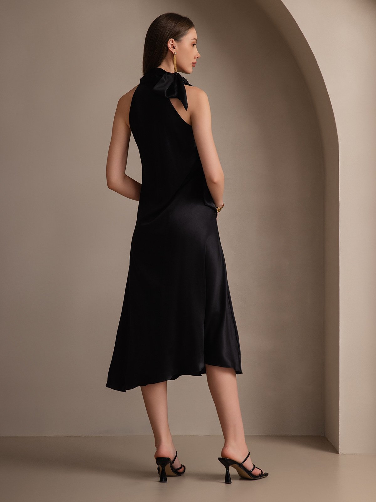 [Black] SilkSilky-AU 19Momme Silk Sleeveless Tie Neck Dress 002