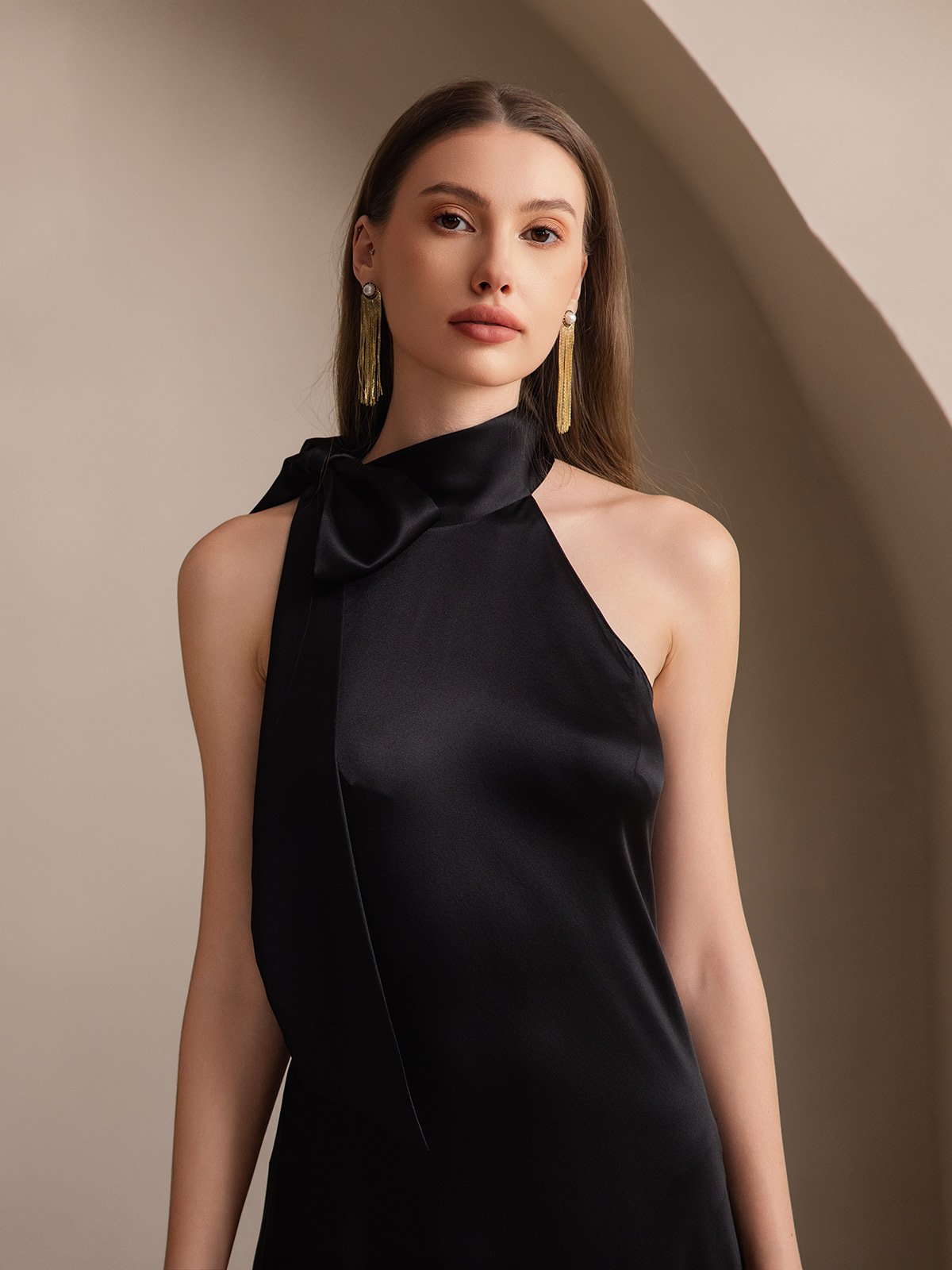 [Black] SilkSilky-AU 19Momme Silk Sleeveless Tie Neck Dress 003