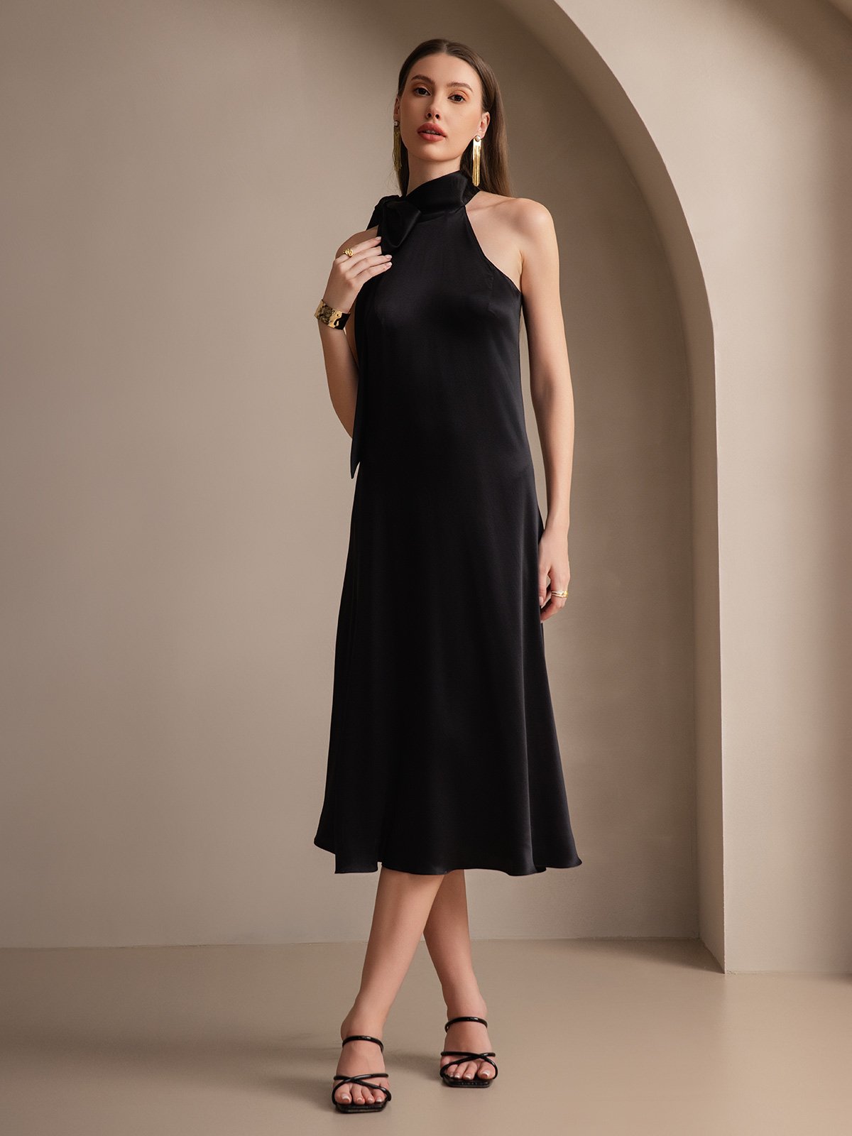 [Black] SilkSilky-AU 19Momme Silk Sleeveless Tie Neck Dress 004