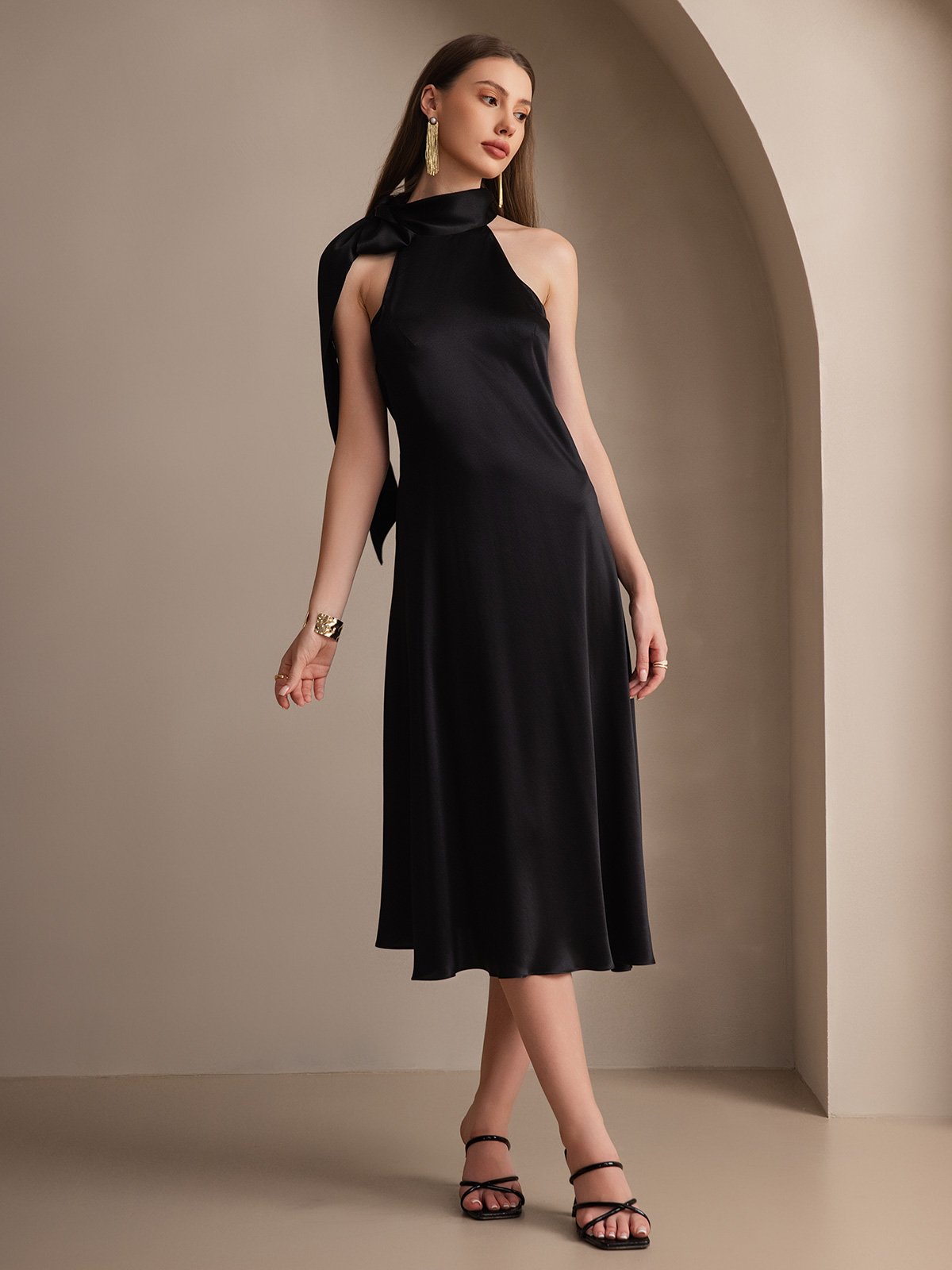 [Black] SilkSilky-AU 19Momme Silk Sleeveless Tie Neck Dress 005