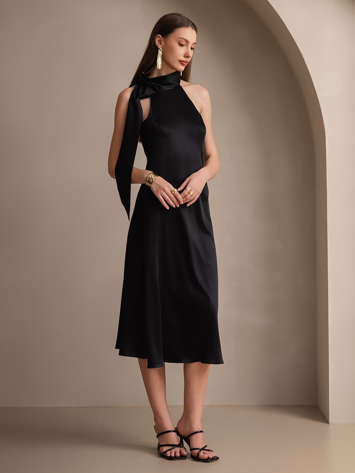 [Black] SilkSilky-AU 19Momme Silk Sleeveless Tie Neck Dress 006