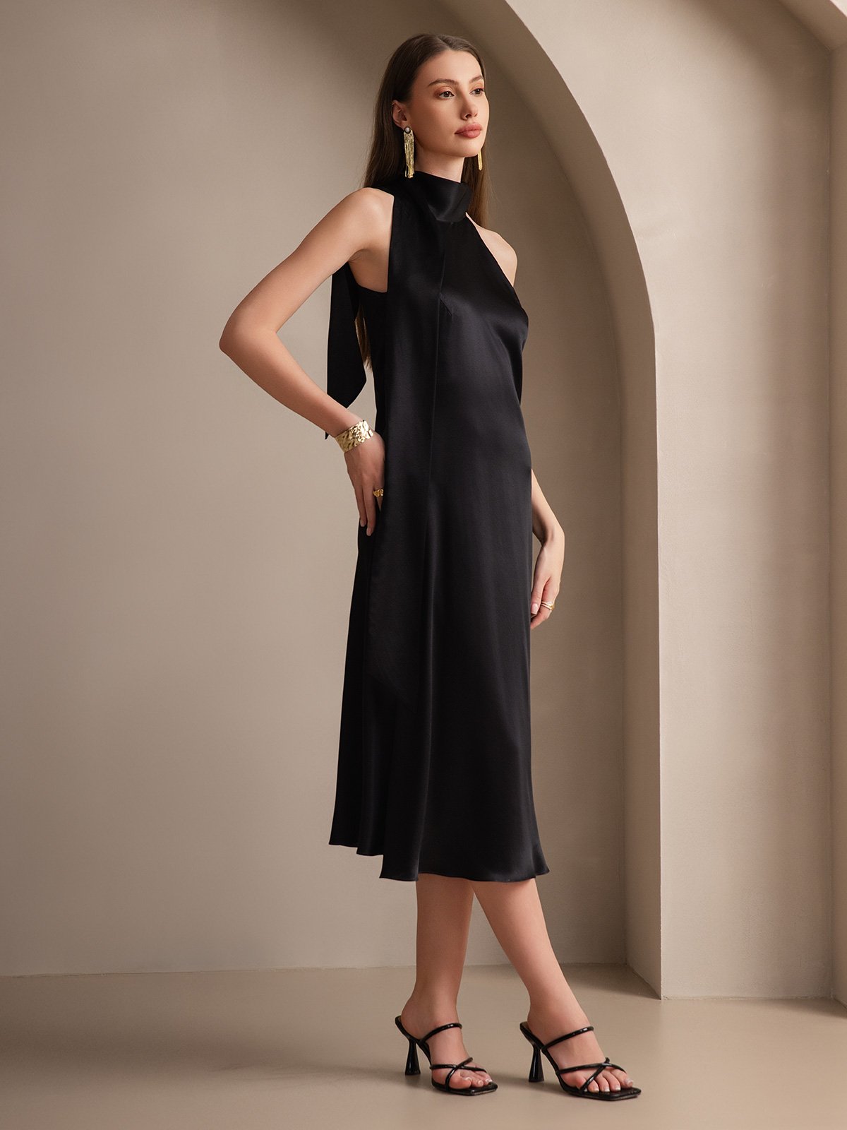 [Black] SilkSilky-AU 19Momme Silk Sleeveless Tie Neck Dress 007