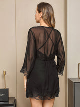 [Black] SilkSilky-AU Pure Silk 3/4 Sleeve Nightgown&Robe Set 002