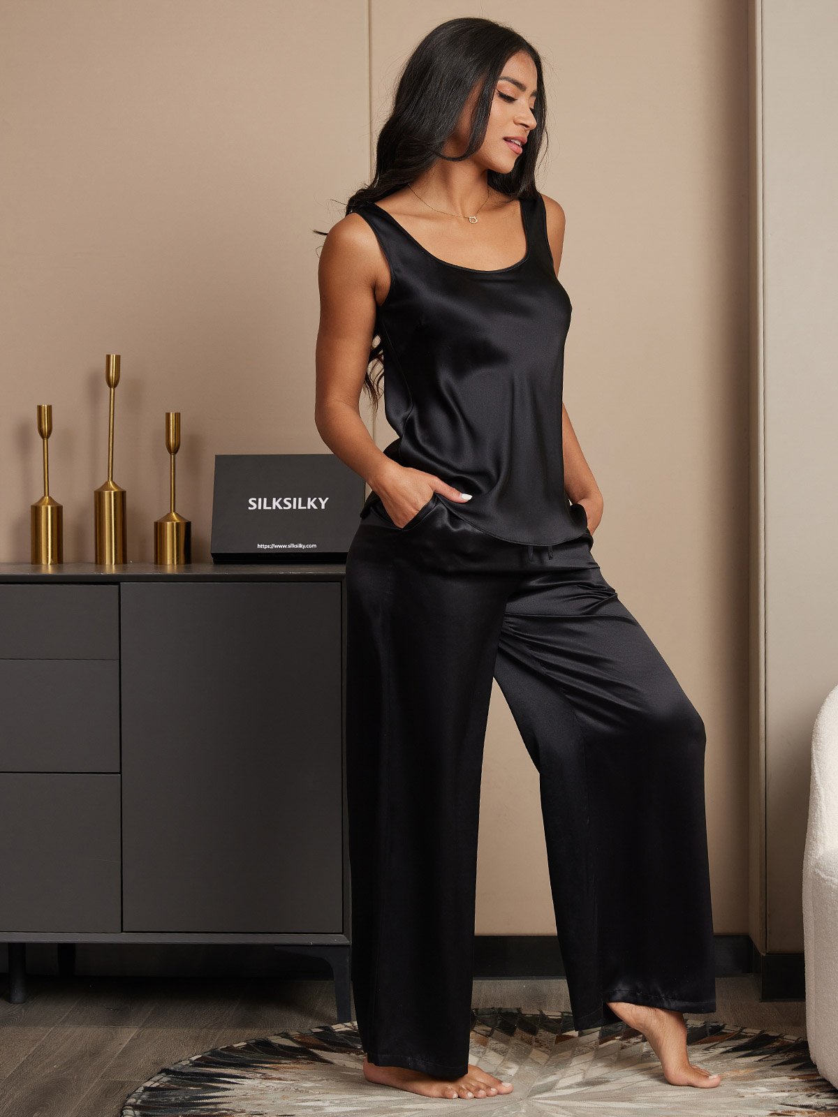 [Black] SilkSilky-AU Pure Silk Boat Neck Camisole Set 004
