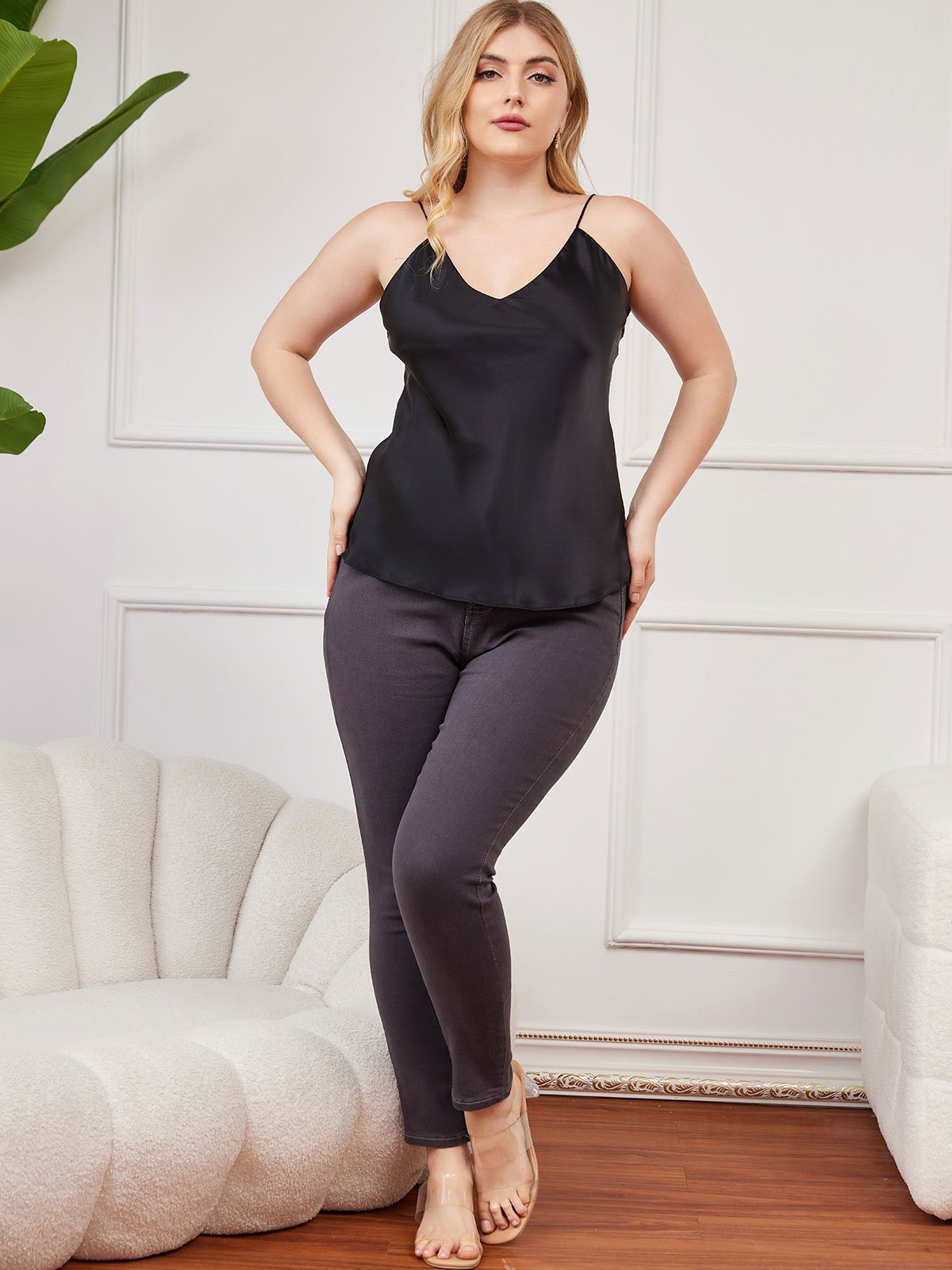 [Black] SilkSilky-AU Pure Silk Deep V Neck Plus Size Camisole Top 004