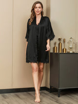[Black] SilkSilky-AU Pure Silk Half Sleeve Nightgown&Robe Set 005
