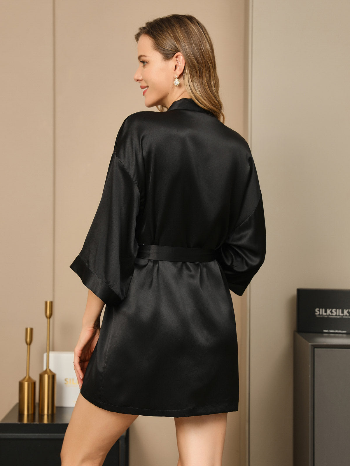 [Black] SilkSilky-AU Pure Silk Half Sleeve Womens Robe 005