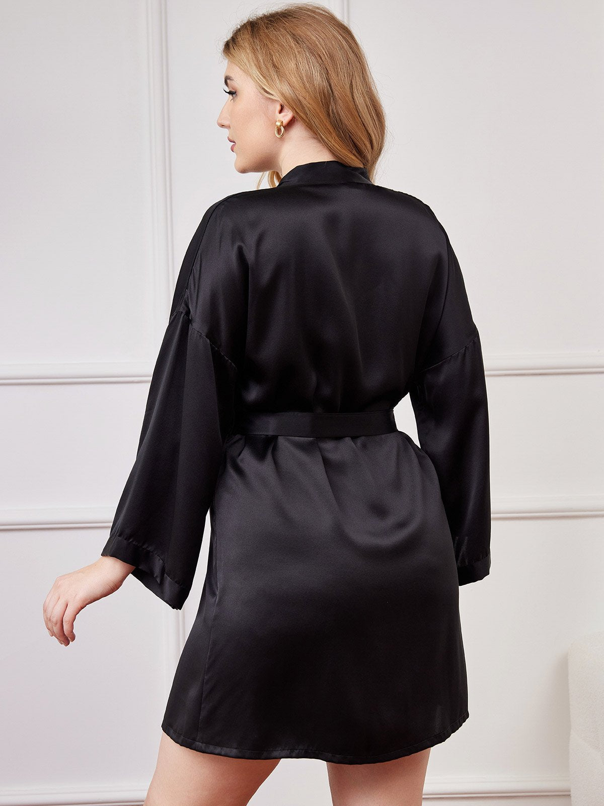 [Black] SilkSilky-AU Pure Silk Long Sleeve Deep V Neck Plus Size Dressing Gown 002