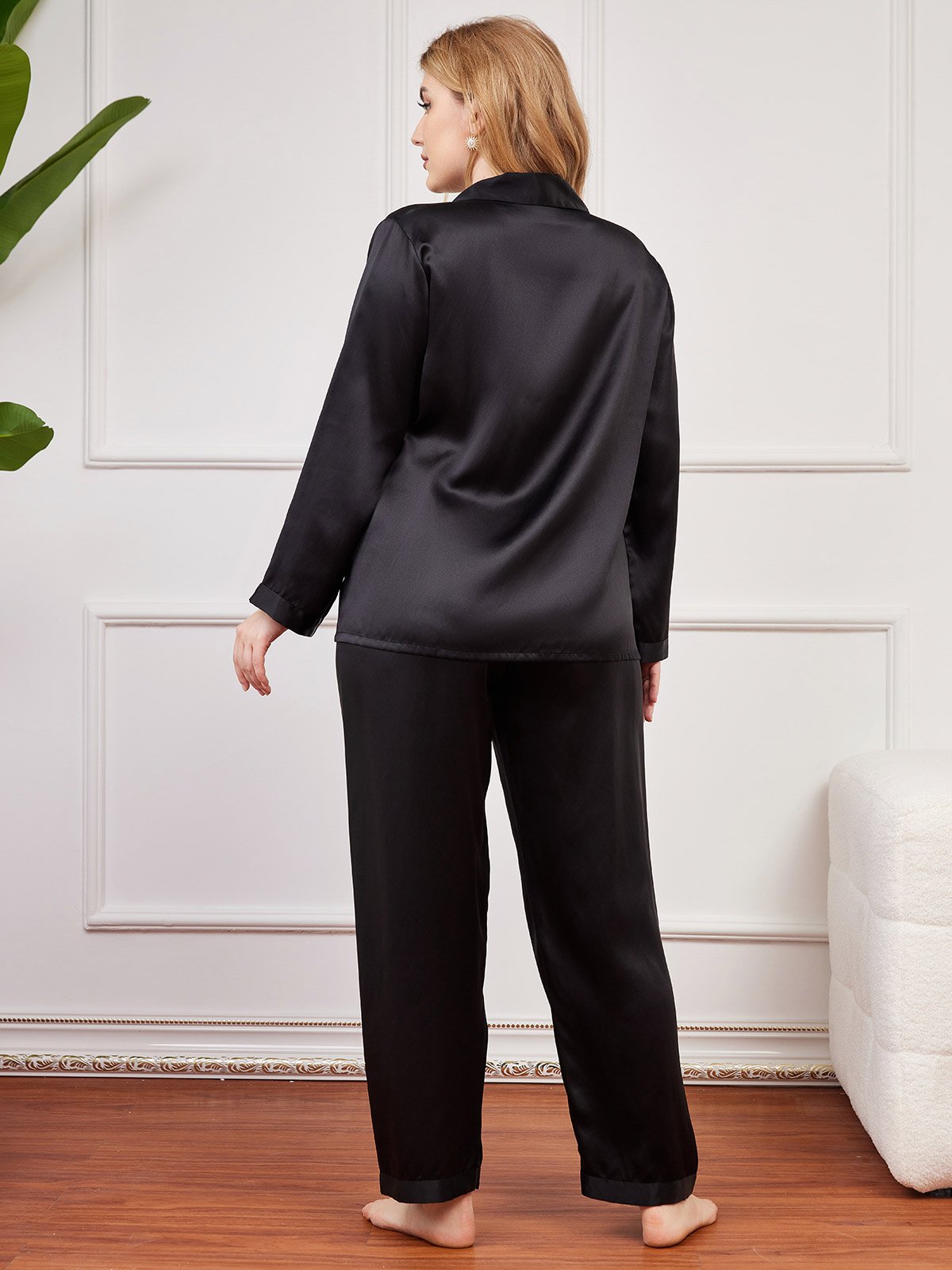 [Black] SilkSilky-AU Pure Silk Long Sleeve Lapel Plus Size Pyjamas 002