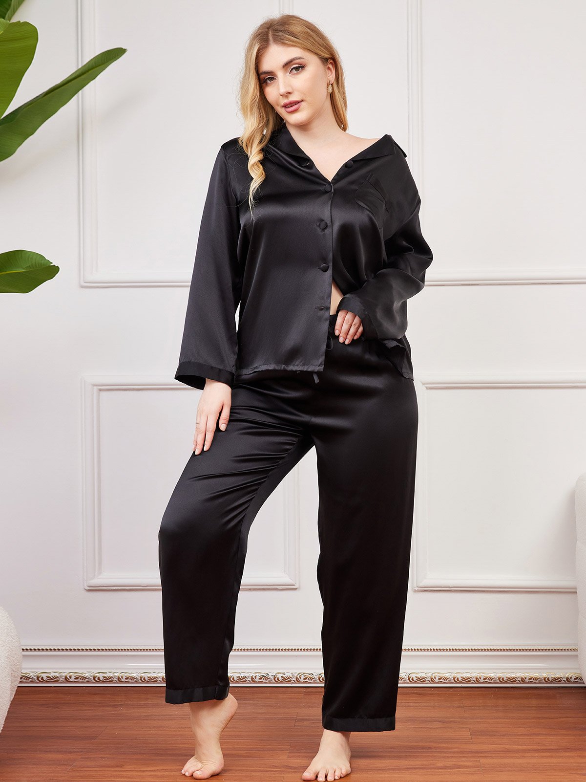 [Black] SilkSilky-AU Pure Silk Long Sleeve Lapel Plus Size Pyjamas 003