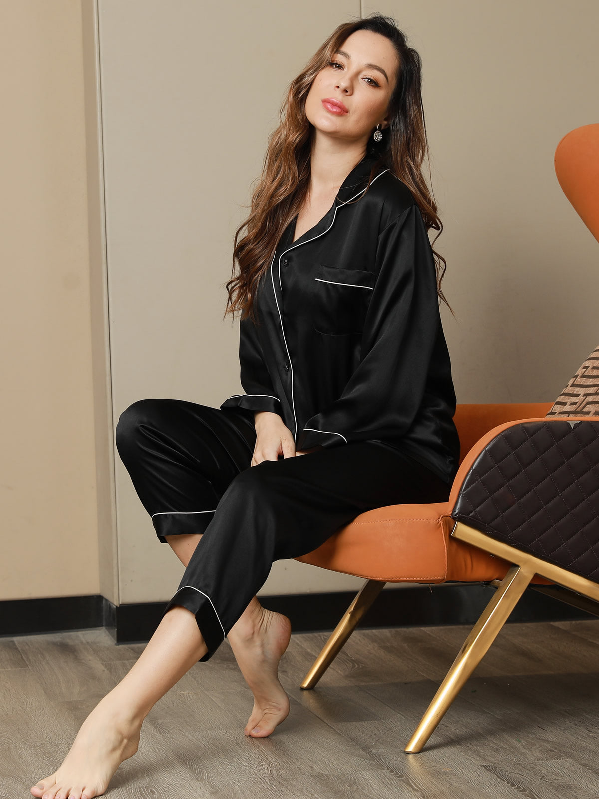 [Black] SilkSilky-AU Pure Silk Long Sleeve Lapel Women's Pyjamas 001