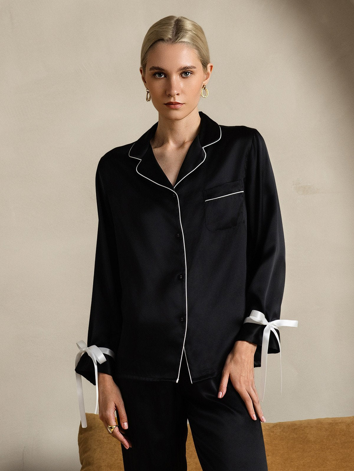 [Black] SilkSilky-AU Pure Silk Long Sleeve Lapel Women's Pyjamas 001