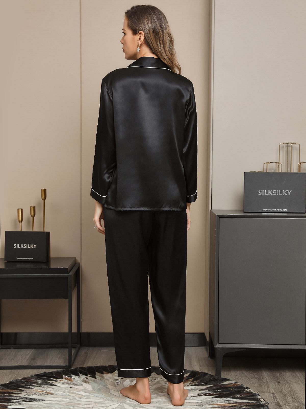 [Black] SilkSilky-AU Pure Silk Long Sleeve Lapel Women's Pyjamas 002