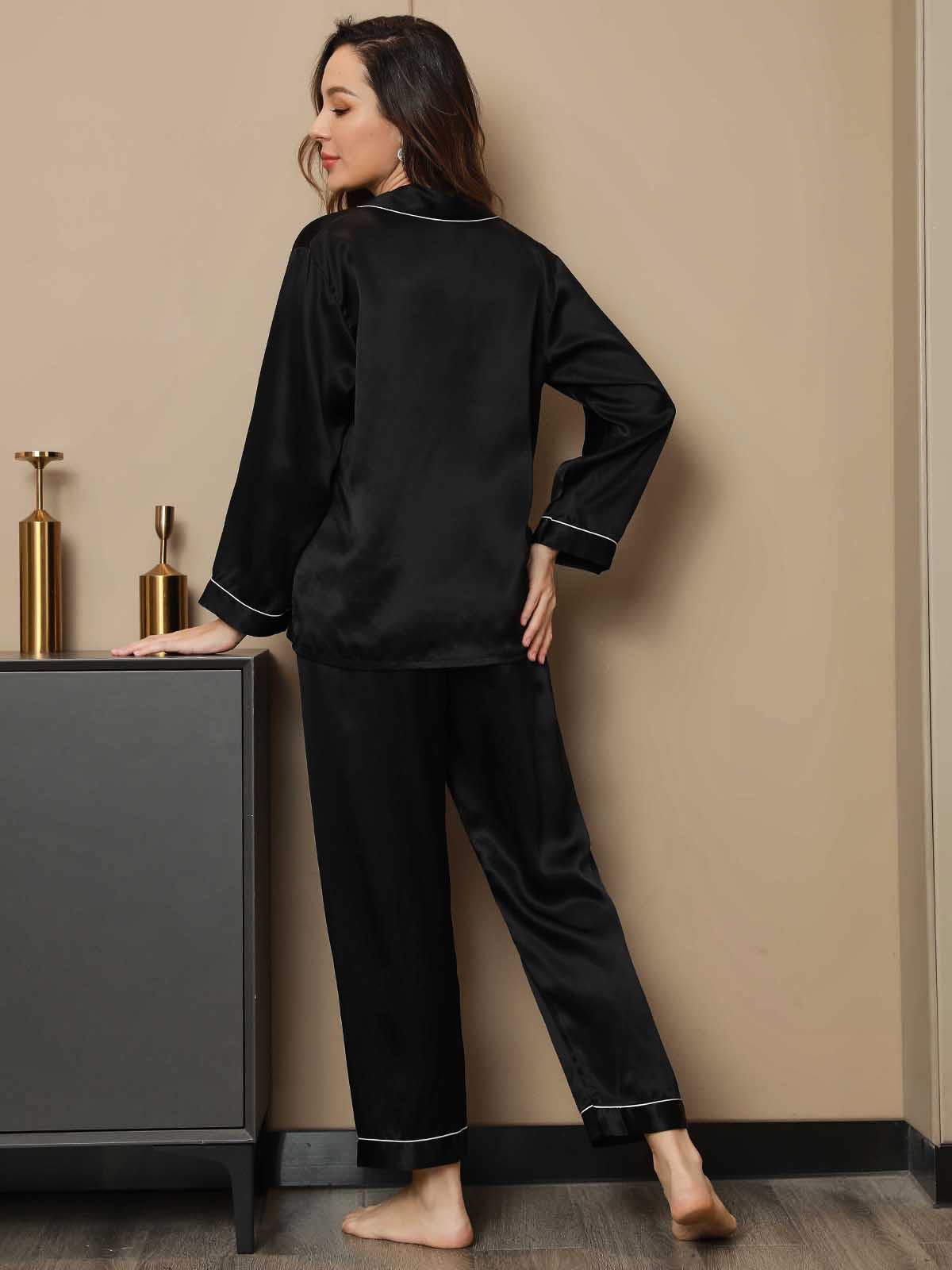 [Black] SilkSilky-AU Pure Silk Long Sleeve Lapel Women's Pyjamas 002