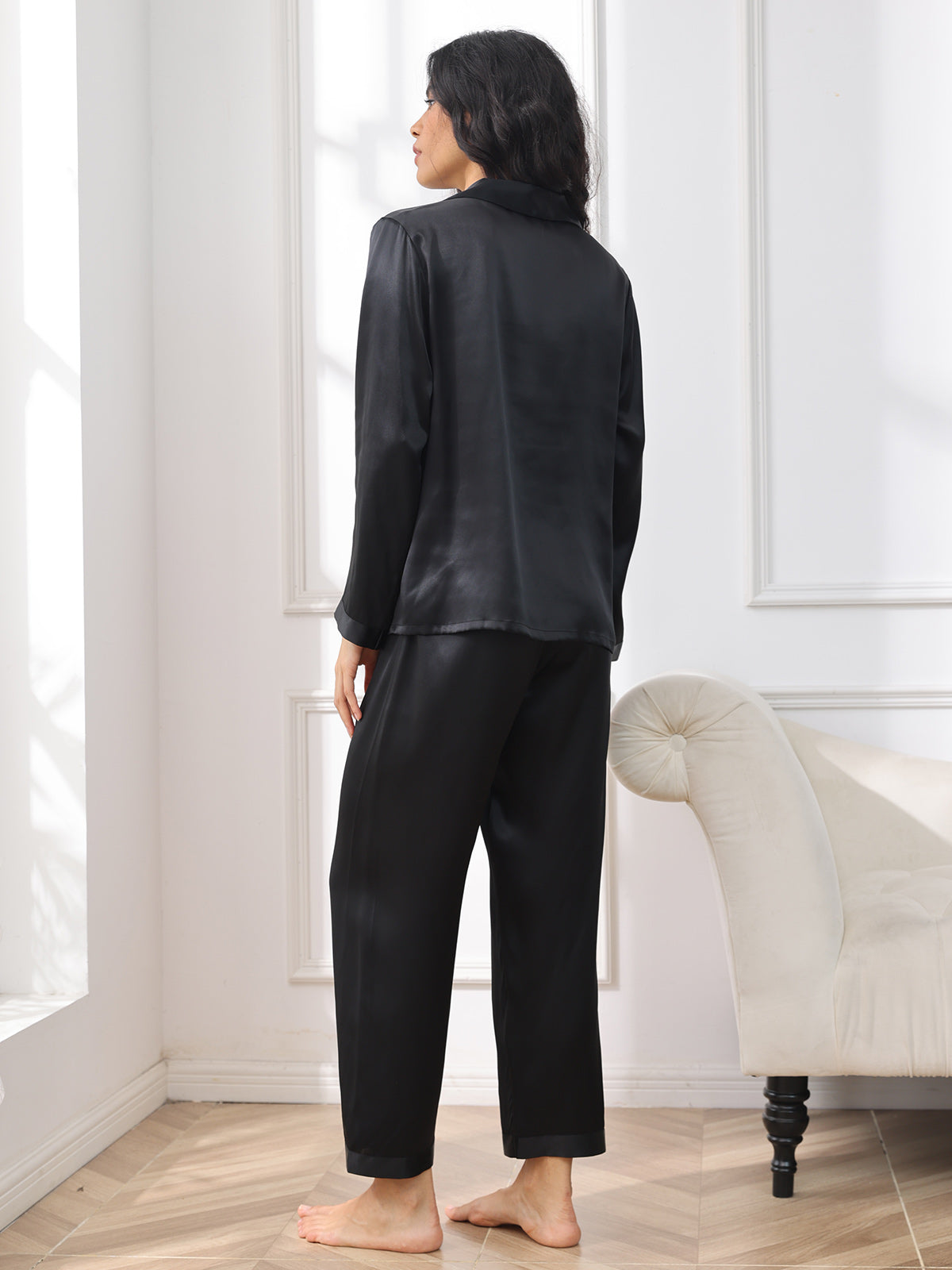 [Black] SilkSilky-AU Pure Silk Long Sleeve Lapel Women's Pyjamas 002
