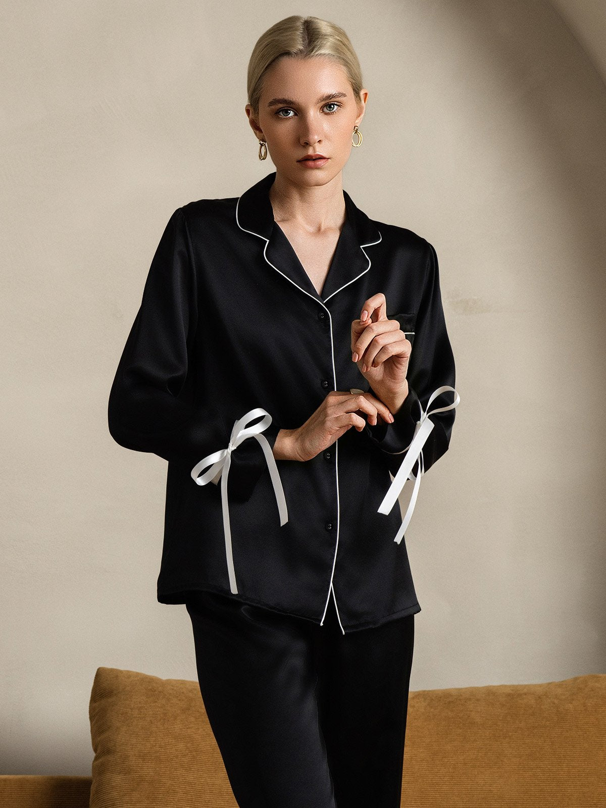 [Black] SilkSilky-AU Pure Silk Long Sleeve Lapel Women's Pyjamas 003