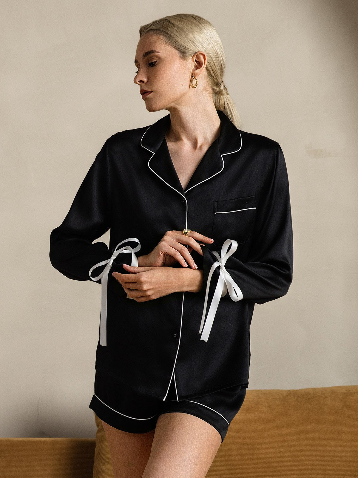 [Black] SilkSilky-AU Pure Silk Long Sleeve Lapel Women's Pyjamas 003