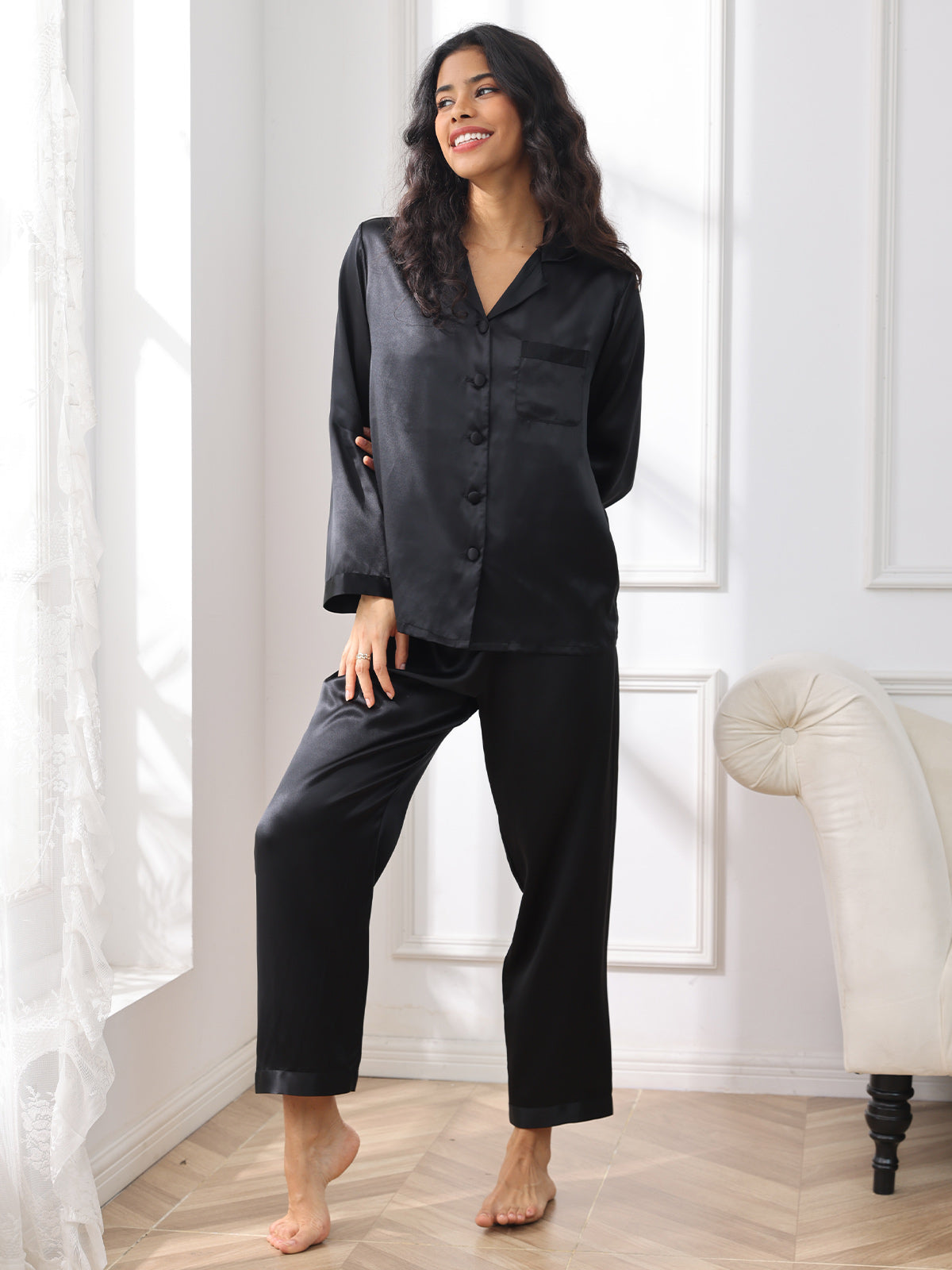 [Black] SilkSilky-AU Pure Silk Long Sleeve Lapel Women's Pyjamas 004