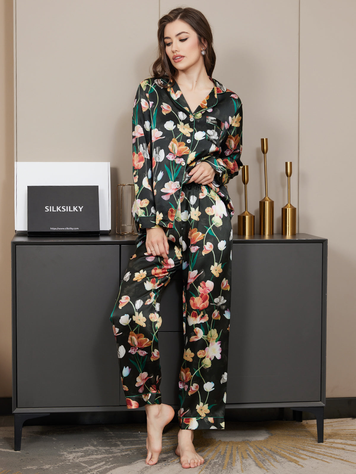 [Black] SilkSilky-AU Pure Silk Long Sleeve Lapel Women's Pyjamas 005