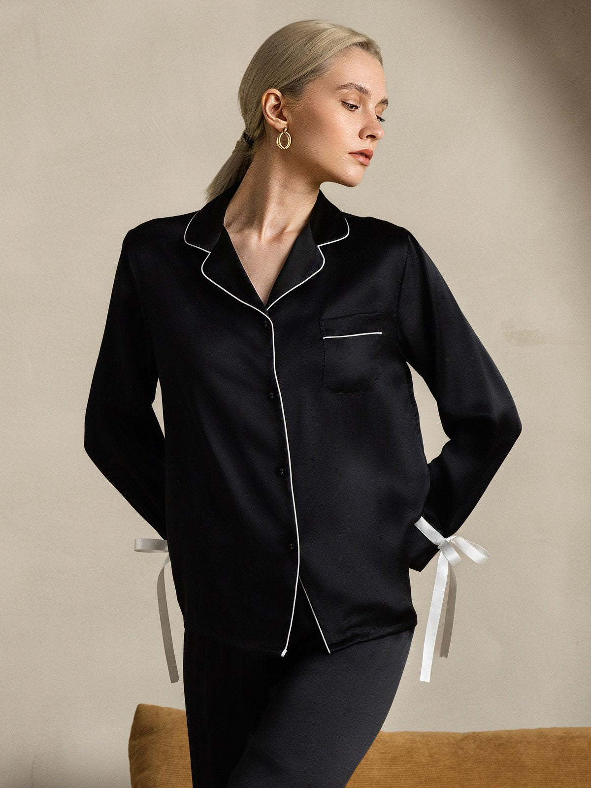 [Black] SilkSilky-AU Pure Silk Long Sleeve Lapel Women's Pyjamas 005