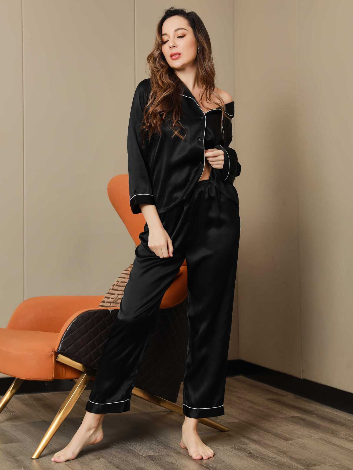 [Black] SilkSilky-AU Pure Silk Long Sleeve Lapel Women's Pyjamas 006