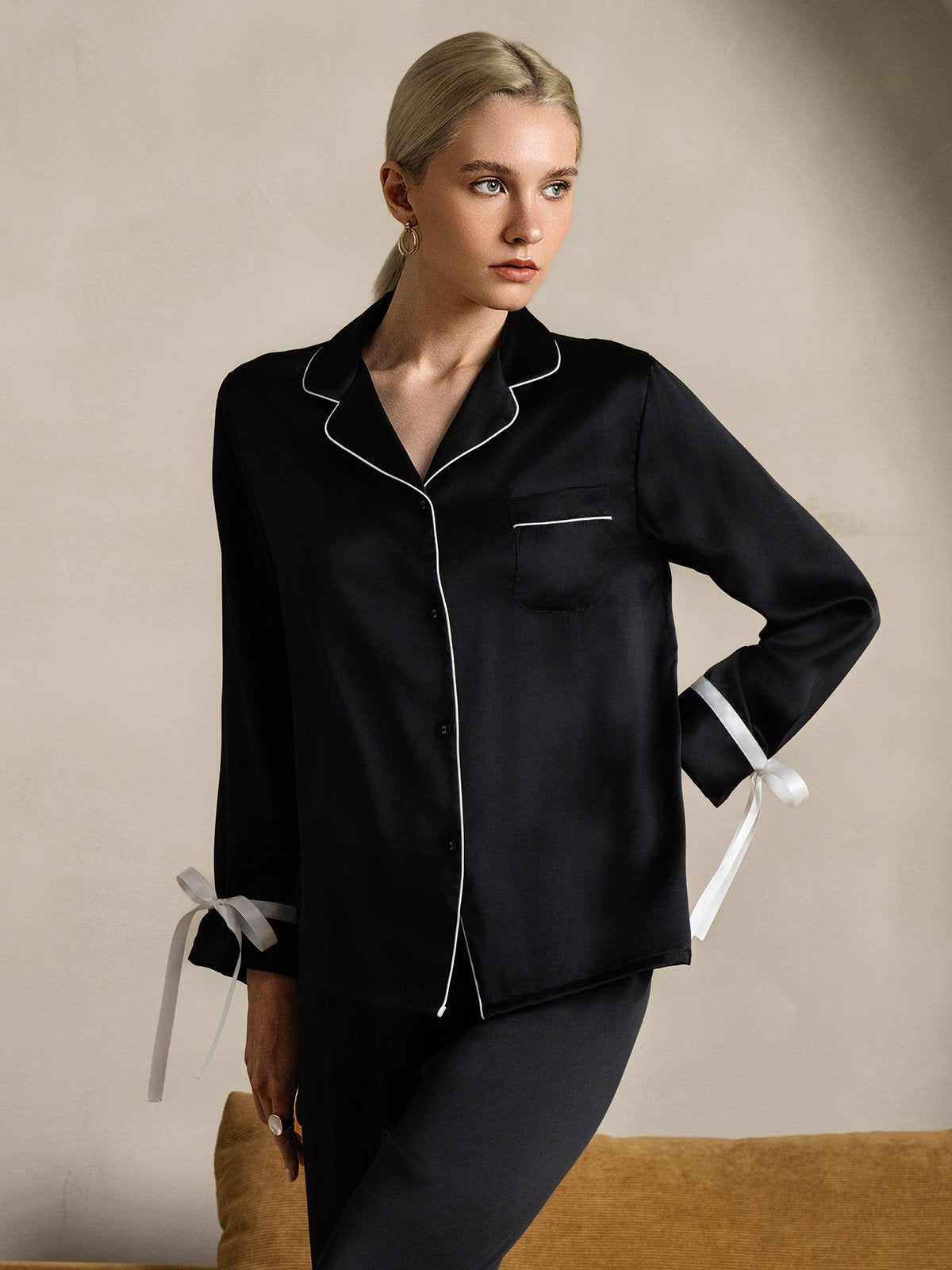 [Black] SilkSilky-AU Pure Silk Long Sleeve Lapel Women's Pyjamas 006