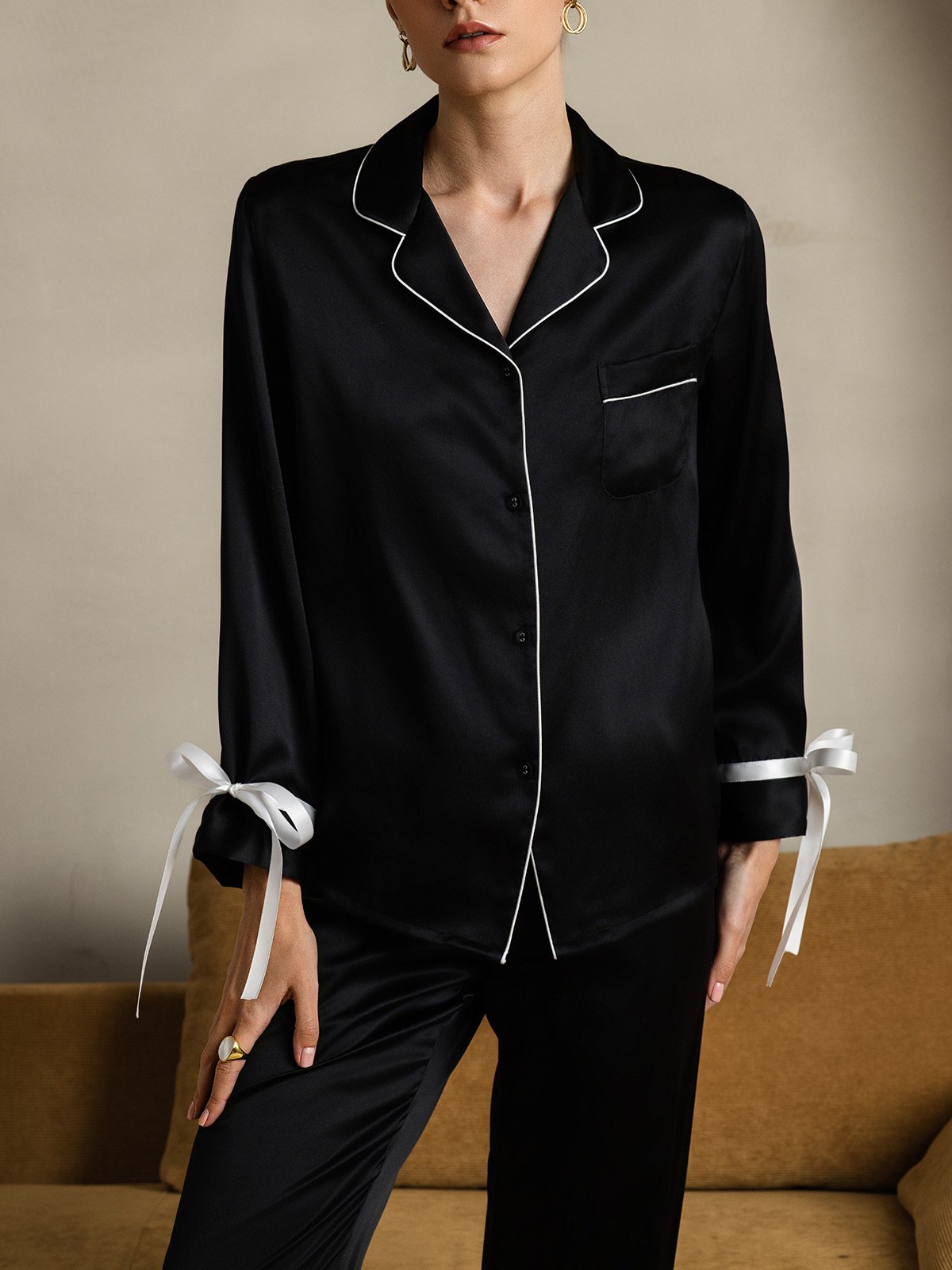 [Black] SilkSilky-AU Pure Silk Long Sleeve Lapel Women's Pyjamas 007